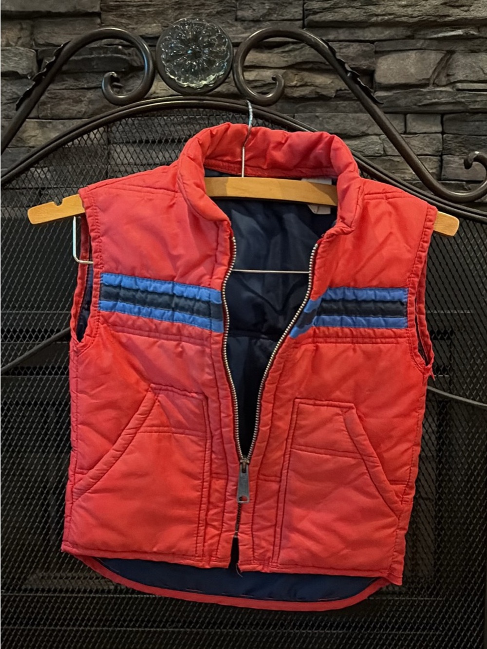 Kids Red Puffer Vest with Blue Stripes